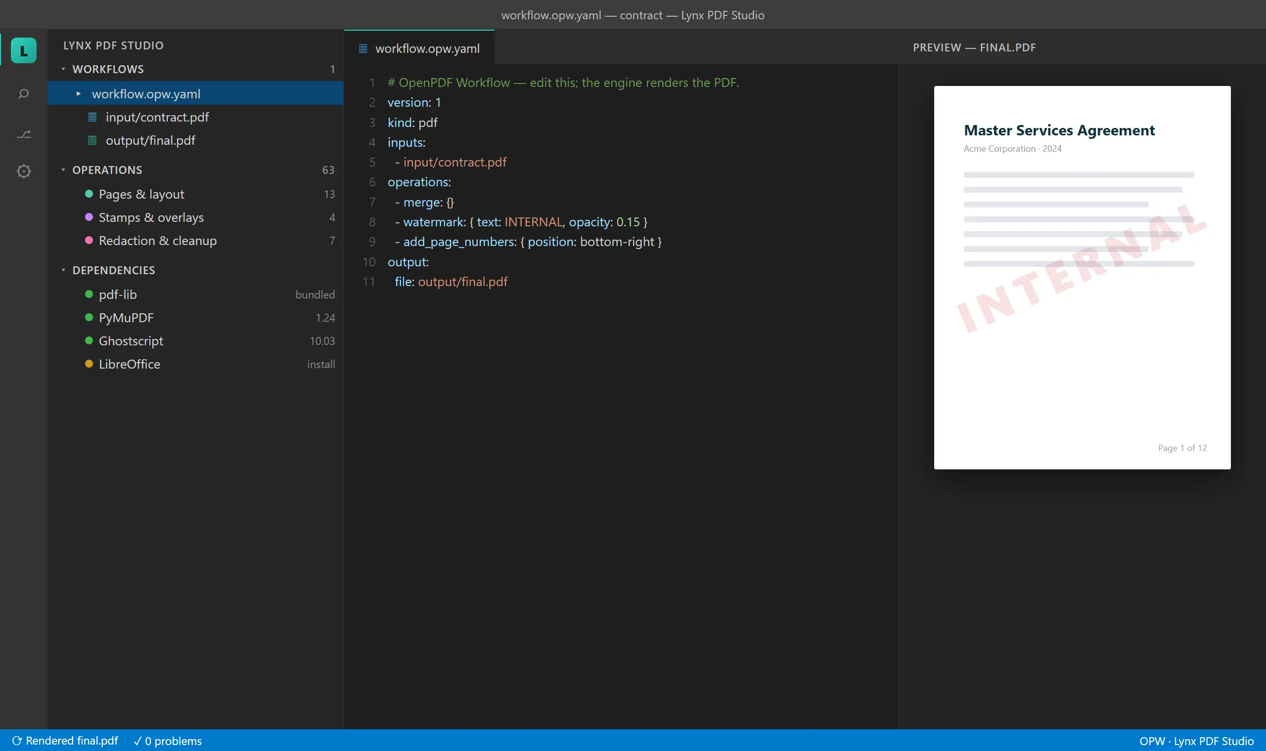 Editing an OPW workflow file beside a live PDF preview, with the operations sidebar and color-coded dependencies